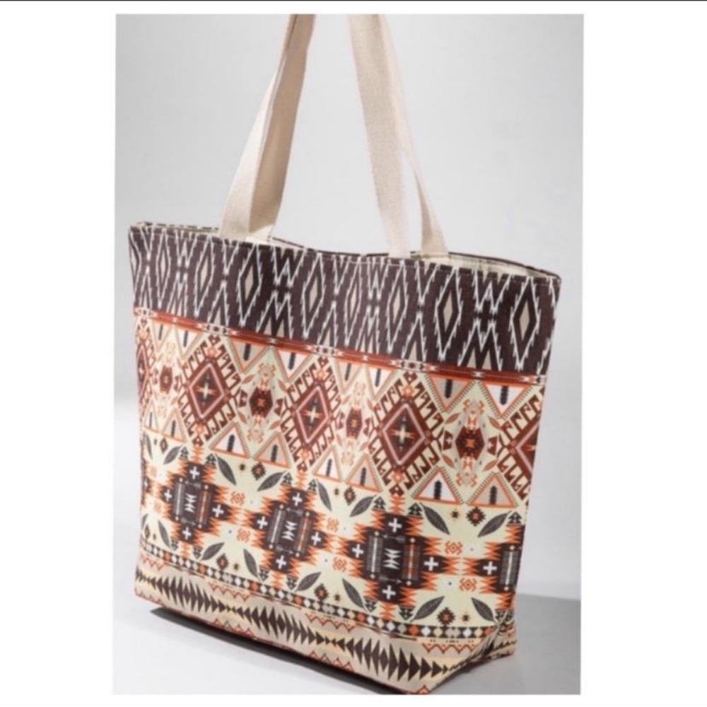 Oversize shoulder bag/tote; Southwestern Pattern Tan Cream, Brown, Orange